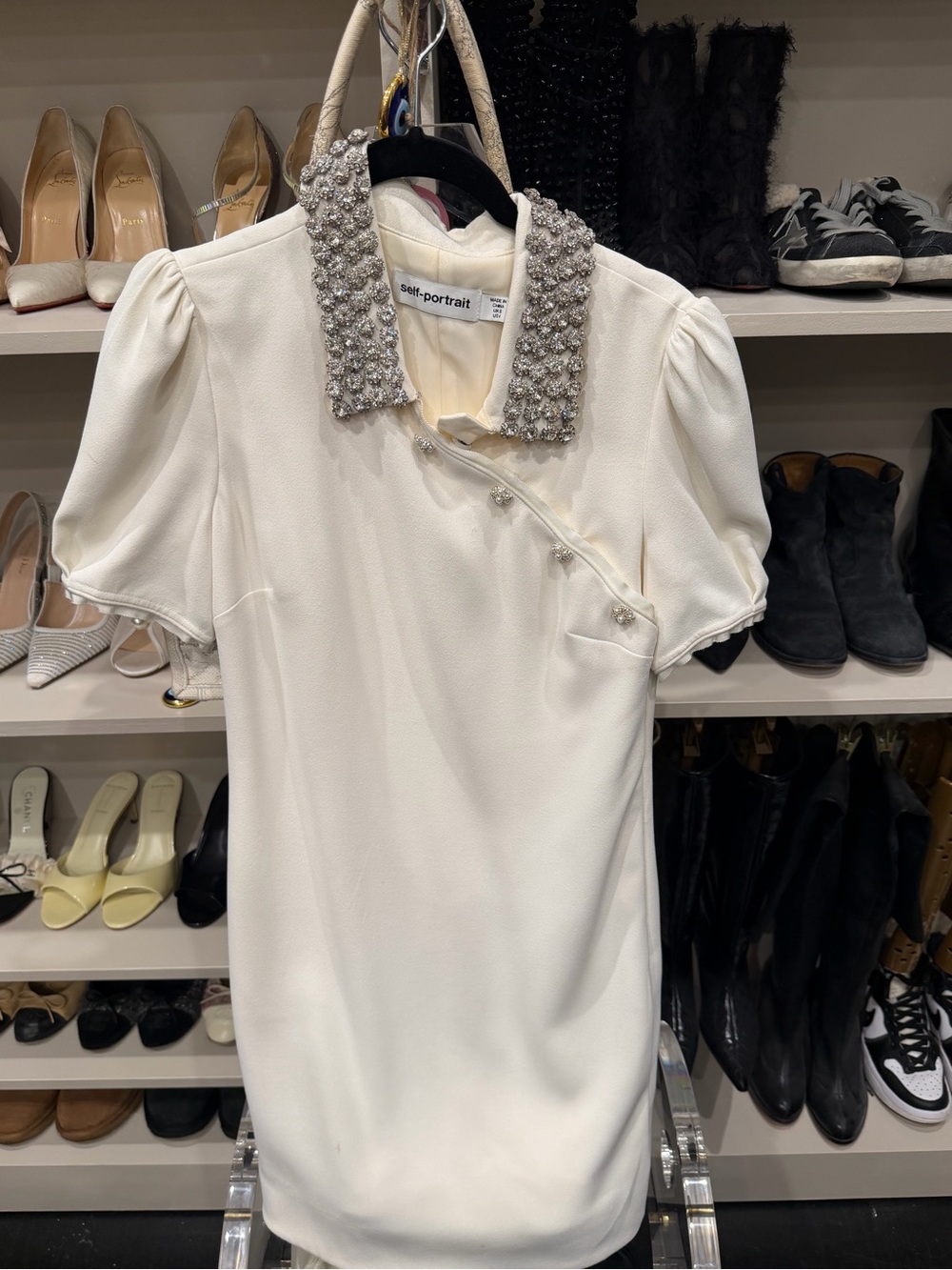 Self-Portrait Cream Embellished Collar Puff Sleeve Tunic
